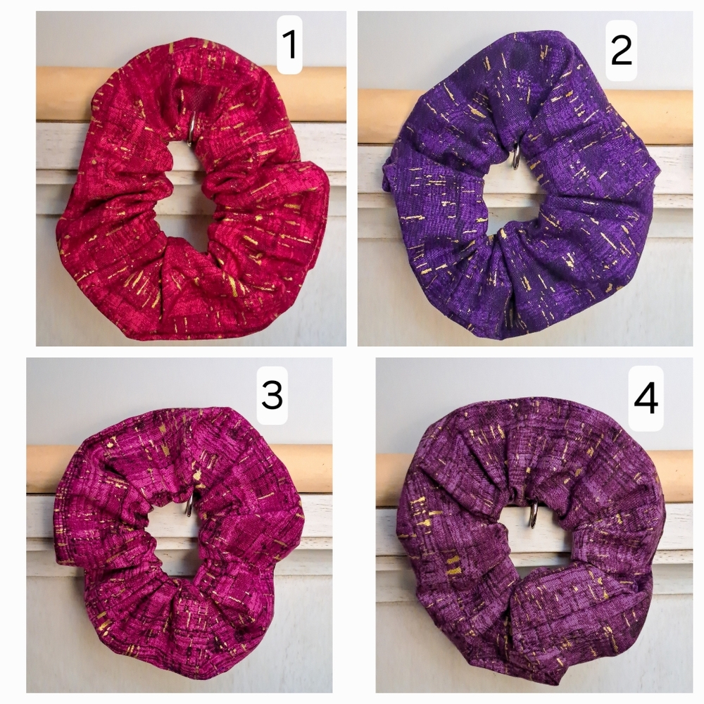 ONE Elegant Red Purple Scrunchie Hair Tie Gold Speckles